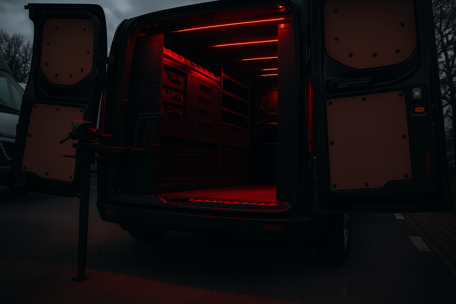 Interior de uma carrinha de assistência mecânica com equipamento organizado